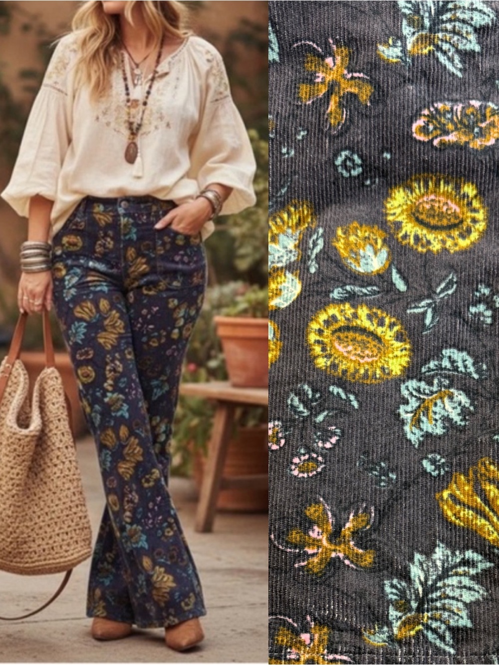 Anthropologie X Pilcro The Icon Flare Low Rise Corduroy Pants Jeans Floral Black